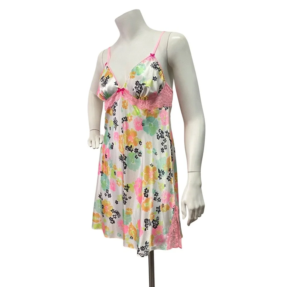 Victoria Secret M‎ Floral Satin Lace Trim Slip Dress Lingerie Babydoll Cottage